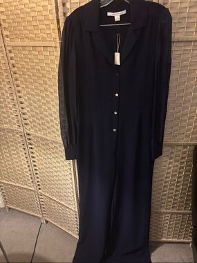 Diane Von Furstenberg Navy Long-Sleeve Jumpsuit with Sheer Sleeves